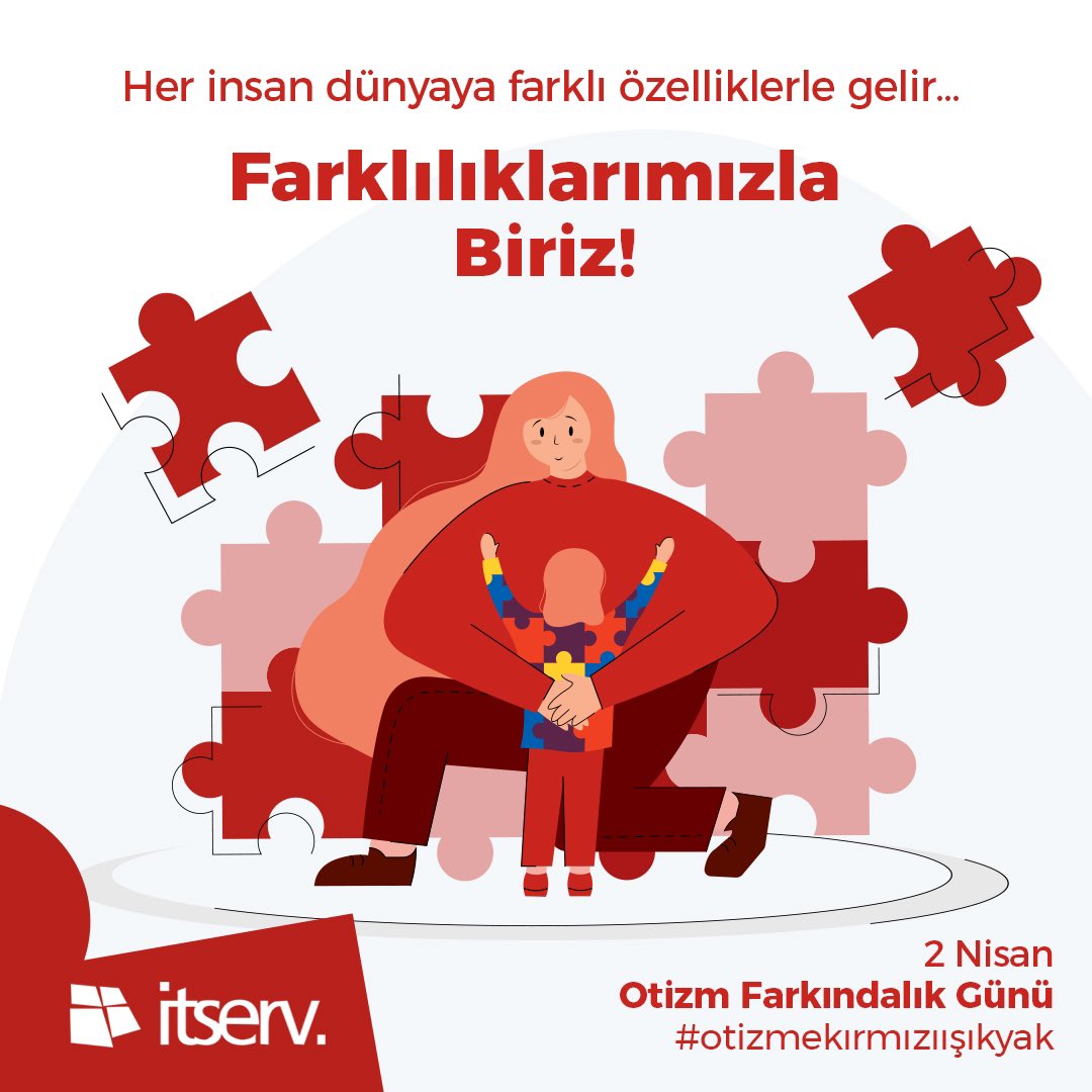 itserv1's tweet image. Bugün 2 Nisan Dünya Otizm Farkındalık Günü. Otizm eksiklik değil, farklılıktır. Farkındayız!

Sen de bugün #otizmekırmızıışık yak, #kırmızı giyin, fotoğrafını paylaş.

#ITServ #otizmekırmızıışıkyak #worldotizmday