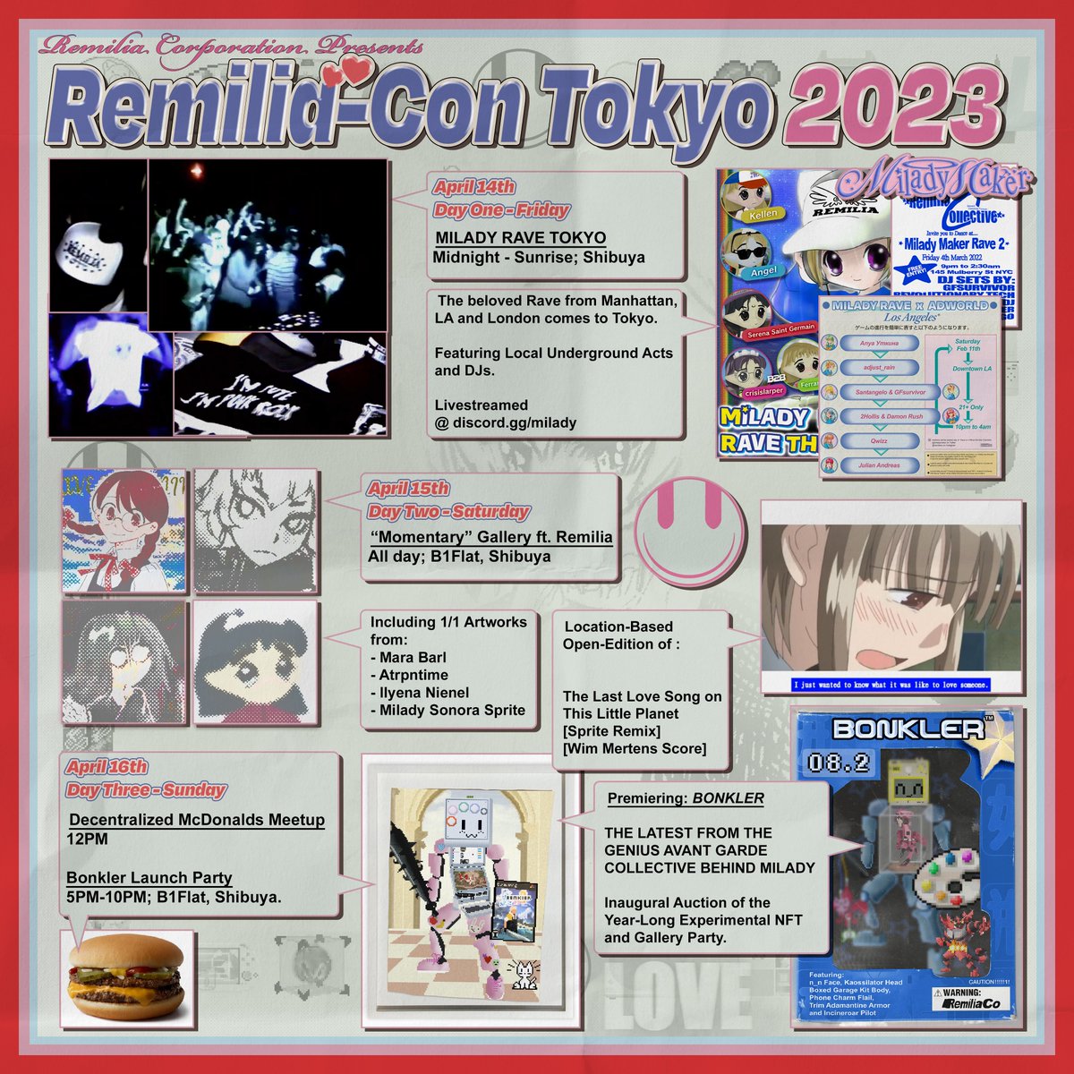 ANNOUNCING: 
☆.｡.:* Remilia-Con Tokyo 2023 .｡.:*☆
3 Days of fun for Remilia Fans 🤩

April 14th-16th in Japan, Japan Time.