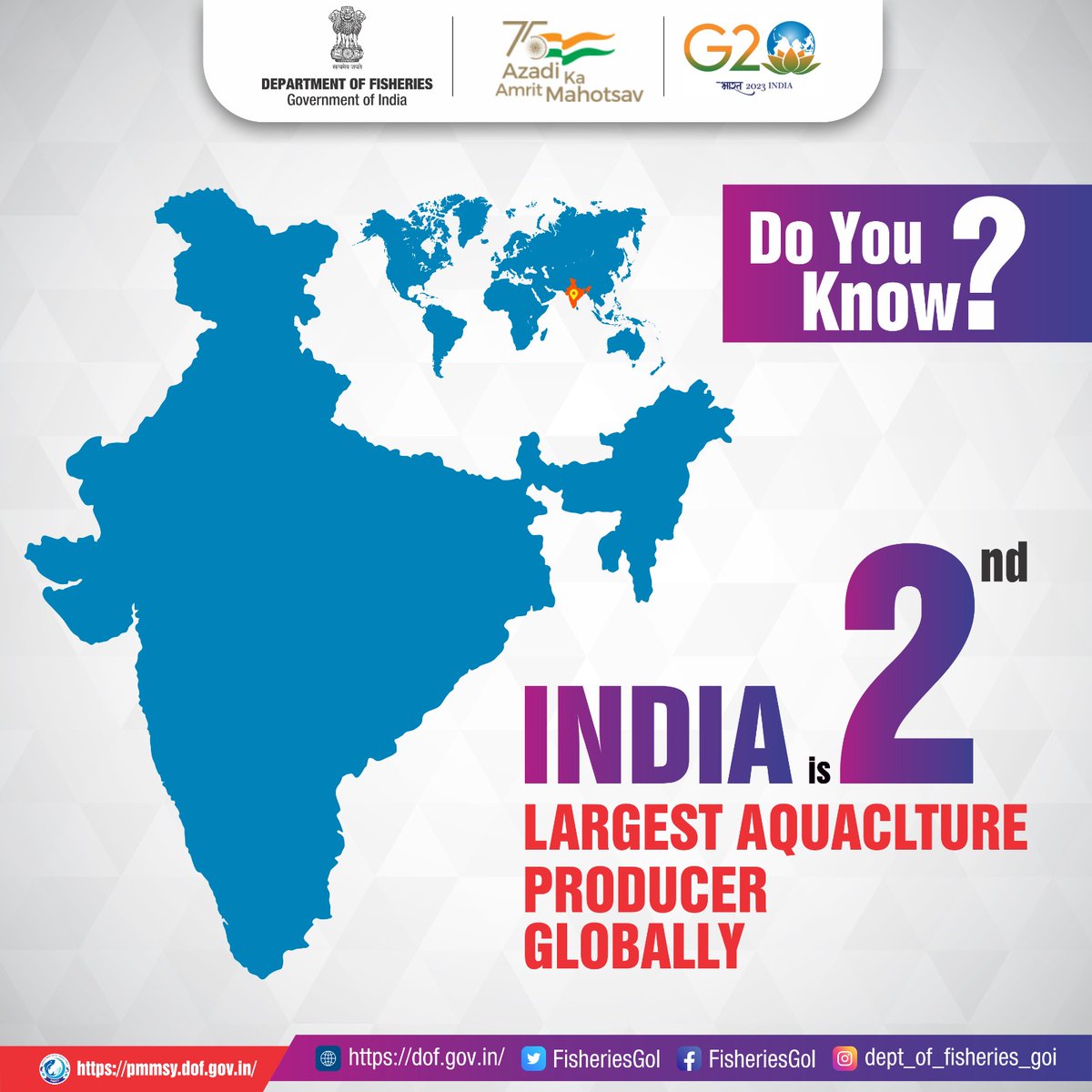 FisheriesGoI's tweet photo. Do you know?

India is the 2nd largest #Aquaculture producer globally. #PMMSY https://t.co/ND7ezeFslJ