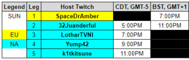 Here's the schedule! 
[EU] twitch.tv/SpaceDrAmber at 7pm BST
[NA] twitch.tv/32Juanderful at 5pm CDT
[NA] twitch.tv/LotharTVNI at 7pm CDT
[NA] twitch.tv/Yump42 at 9pm CDT
[NA] twitch.tv/k1tkitsune at 11pm CDT