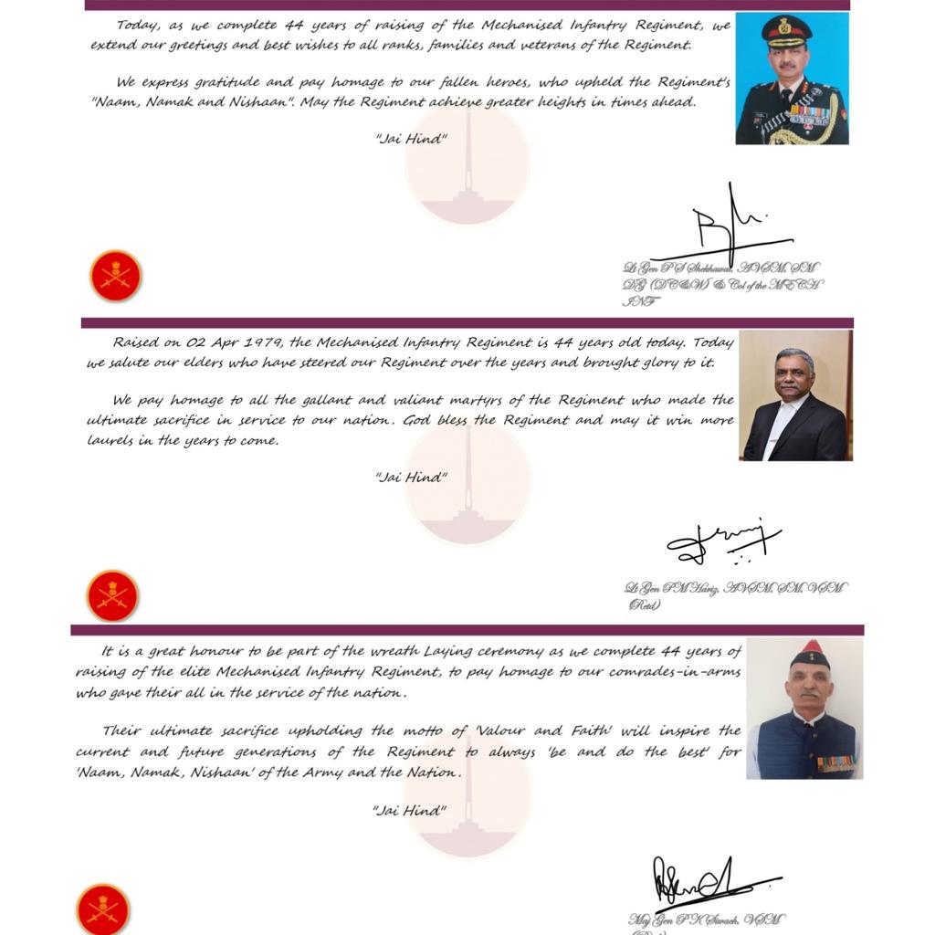 salute2soldier's tweet photo. Commemorating 44th Raising Day of Mechanised Infantry, Lt Gen PS Shekhawat, AVSM, SM, DG (DC &amp; W) &amp; Col, MECH INF, Lt Gen PM Hariz (Retd) &amp; Maj Gen PK Siwach (Retd) on behalf of all ranks and #veterans paid homage to #Bravehearts at #AmarJawanJyoti in a wreath-laying ceremony. https://t.co/QxvCrHcdHv