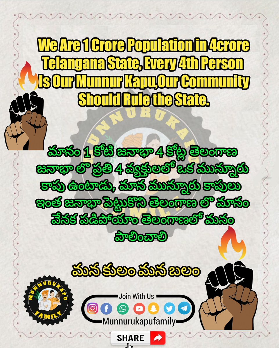 MkpatelsTeam's tweet photo. We Have To Rule ✊

#munnurukapu #mkpatelsteam #munnurukapufamily #telangana https://t.co/5L1jrnu0Qp