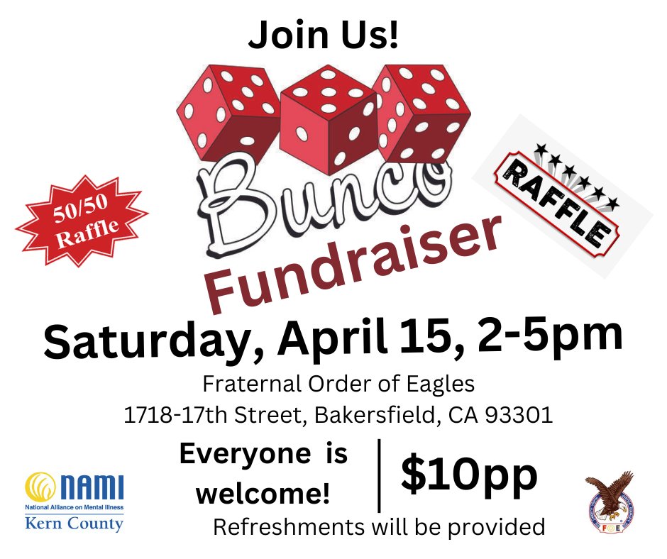 KernNami's tweet photo. Bunco Fundraiser hosted by Eagles on April 15, from 2-5pm. https://t.co/apDNracMXi