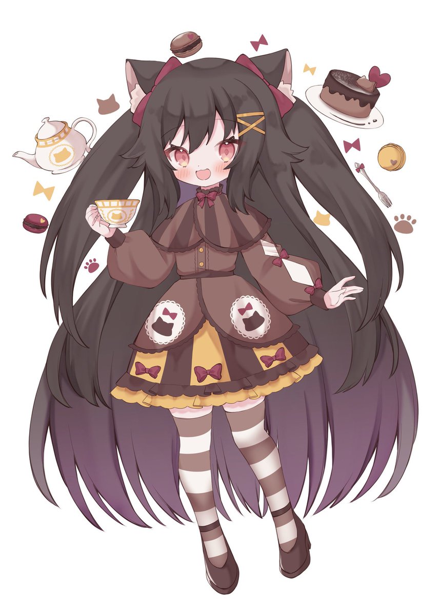 1girl animal ears solo puffy sleeves cup very long hair thighhighs  illustration images