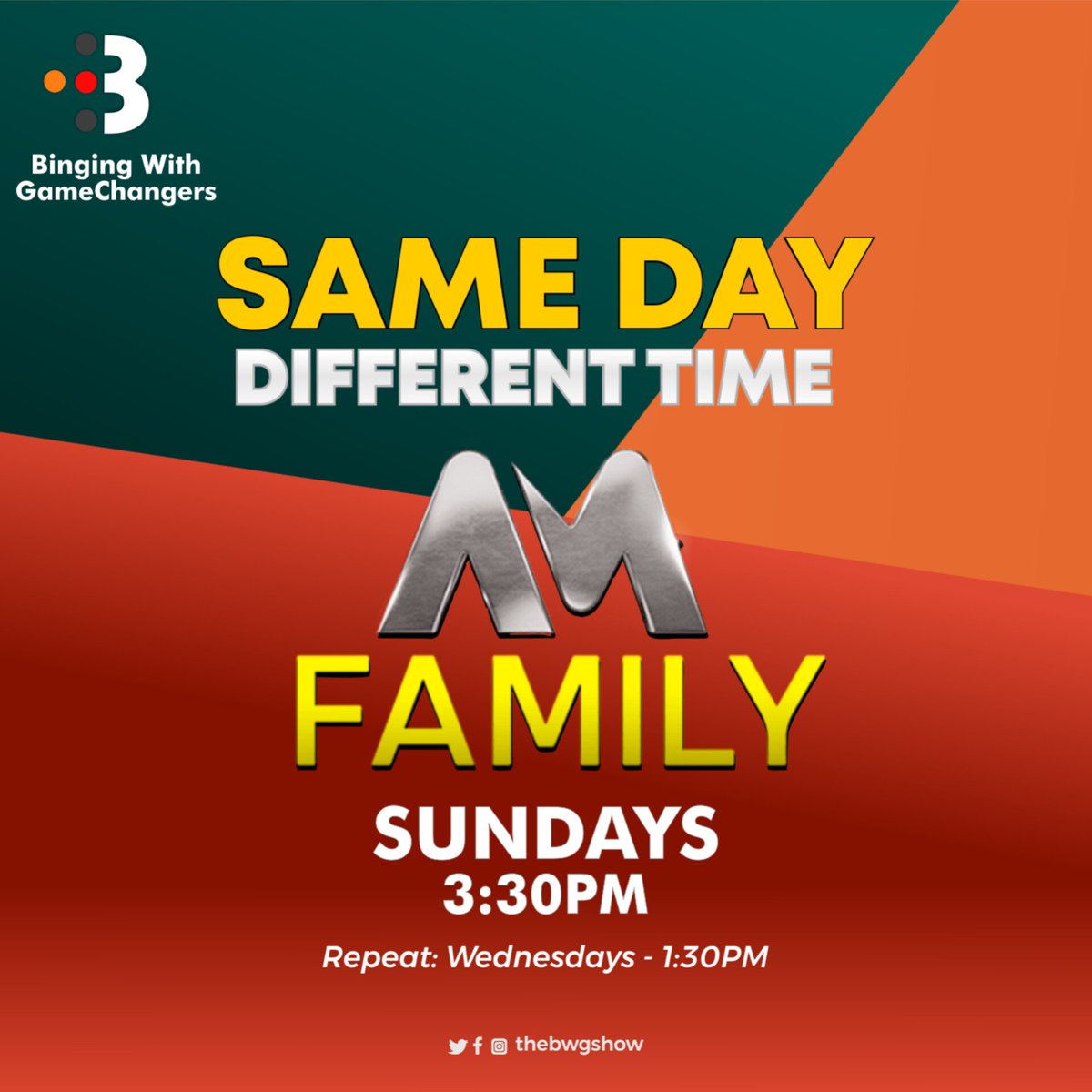 Like, Share and Tell a friend to Tell a friend!🙌🤸‍♀️🤾‍♀️🤼‍♀️

We've got a new Show Time on Africa Magic Family💃🕺

3.30pm every Sunday is when we now Happen😎✌

Repeat: 1.30pm on Wednesdays

See You Later!🖖🖐👋

#BingingwithGameChangers
#thebwgshow
#AfricaMagicFamily 
#AfricaMagic