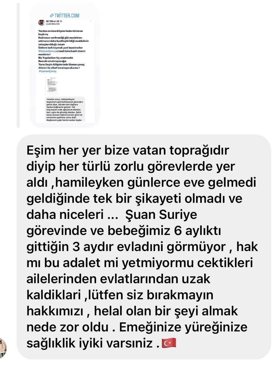 Yandı yürekler!
Yetkililerden bunlar vicdanlı insanlar geçici işcilere dahi Kadro verdiler bize söz verdiler bizede Kadro verecekler diye beklerken
Kendilerine yakışanı yaptılar #UzmanÇavuş u daha basit nasıl atarım maddelerini getirdiler 
#UzmanÇavuş ailelerine mübarek gün kaygı