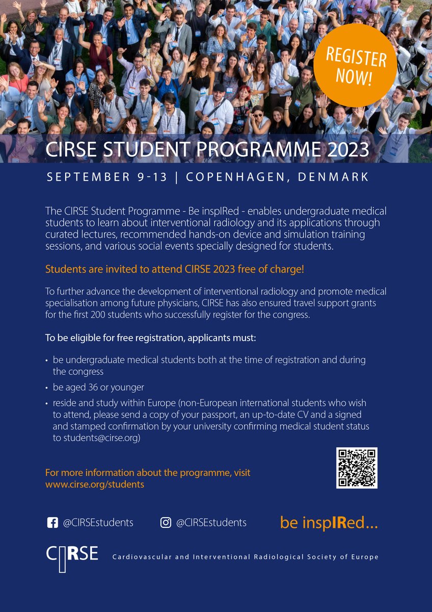 📢 Undergraduate medical students can register for free! 
📢 First 200 students who successfully register for #CIRSE2023 also have a chance to receive the travel support grant. 
➡️ More information: ow.ly/7yAl50MwbBH 

<a href="/cirsesociety/">CIRSE</a>#medicalstudents #interventionalradiology