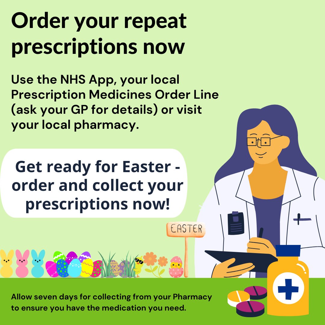 It can take a couple of days for a repeat prescription to come through, so before the Easter weekend, please check you have enough and order ASAP if you think you might run out. For more bank holiday advice, visit: cheshireandmerseyside.nhs.uk/posts/importan…
