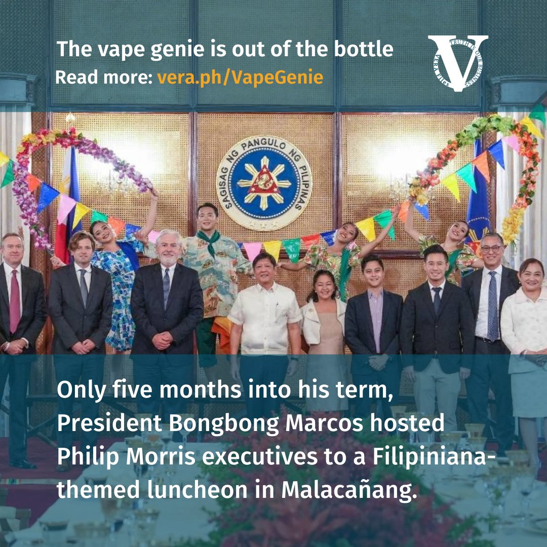 verafiles's tweet photo. What's wrong about President Bongbong Marcos hosting a Filipiniana-themed luncheon in Malacañang for executives of tobacco company Philip Morris?

To learn more, read our story on vape regulation here: https://t.co/AWiel2pX6u
6d https://t.co/RvwYgusQ4a
