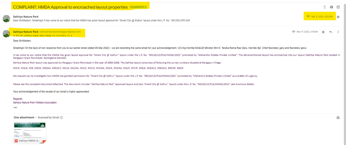 Honorable Shri @KTRTRS garu - we sent a complaint to HMDA about the permission given by <a href="/HMDA_Gov/">HMDA</a> for a layout that encroached number of plots in our layout on 05-Mar-2023. This is impacting over 500 plot owners in our layout

CC: <a href="/PRO_HMDA/">Public Relations Officer</a>  ,<a href="/Secretary_HMDA/">Secretary</a> , <a href="/CollectorRRD/">Collector Rangareddy</a> 
1/5