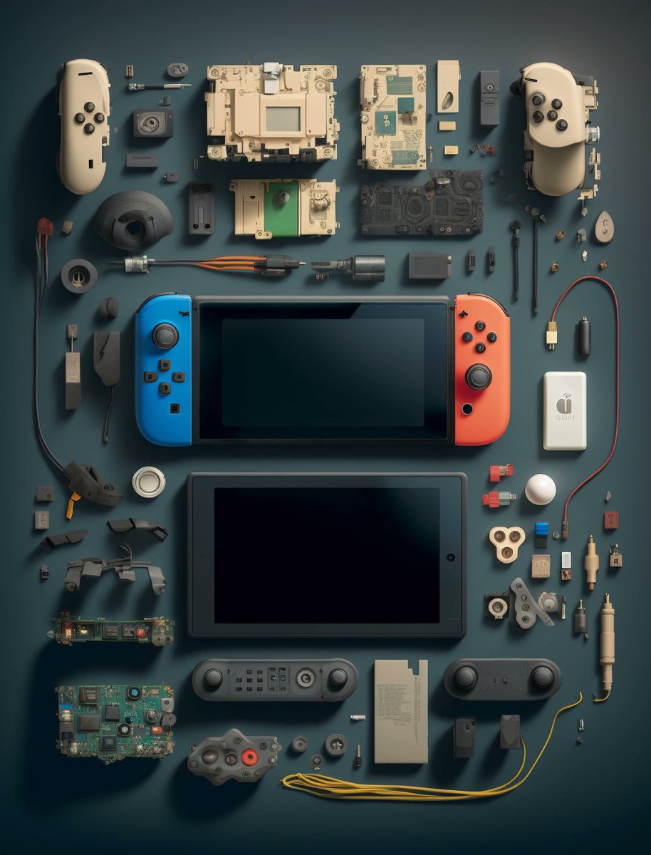 AIGC_Hub's tweet photo. 高度治愈，midjourney一键拆解高达、switch。关键词: 

knolling of [] (knolling风格)  
neatly arranged(整齐排列) 
complete parts(完整的零件) 
real engine(真实引擎) 
prophoto rgb(色域空间) 
studio lighting(工作室灯光)  
rough(粗糙度)

#midjourney #aigc #knolling #ai中文群 #prompts https://t.co/ifP5nM1wtM