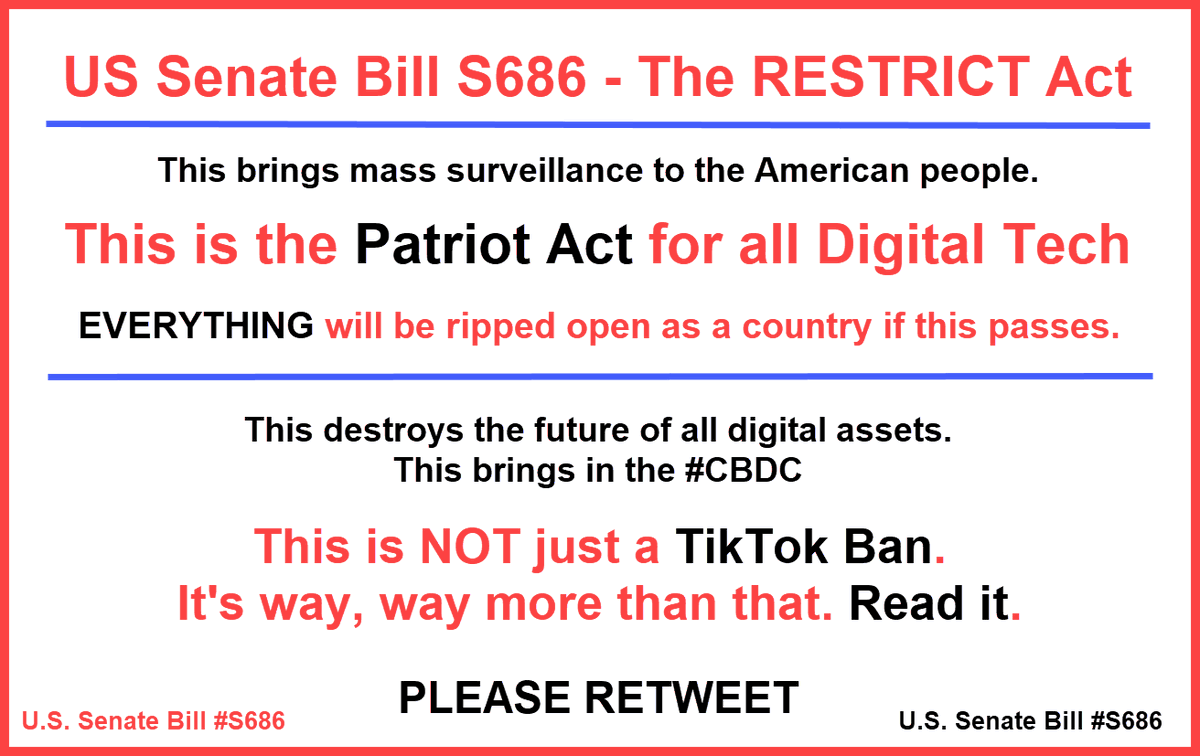 jk_seriouslyjk's tweet photo. -
#MassSurveillance #PatriotAct #Censorship #Commerce #RESTRICTAct @elonmusk
US Senate Bill #S686:
https://t.co/tQ4WjR3Rse https://t.co/tFjMYgtuJa