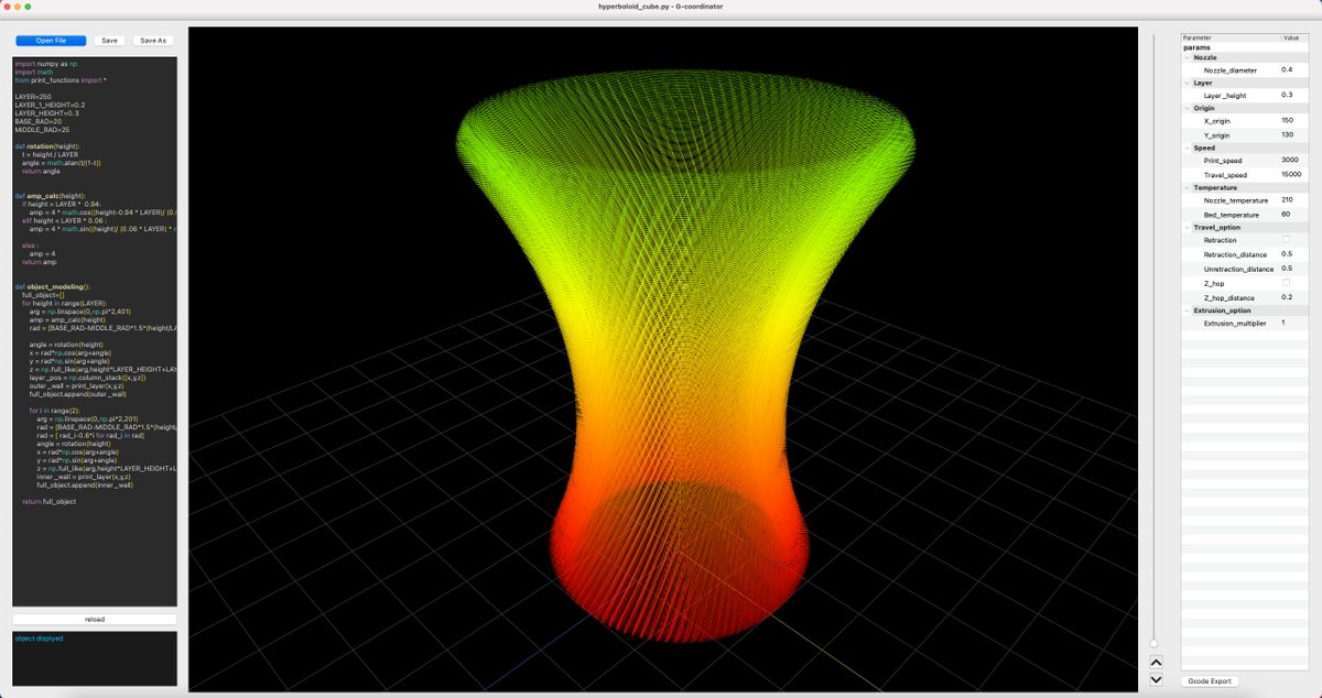 I'm having some great fun with G-Coordinator by <a href="/tamutamu3D/">タム/ Taniguchi Tomohiro</a>. An awesome tool (but not for everybody). Never heard about that ? Head there github.com/tomohiron907/G… to know more. Essentially it allows you to create G-codes in Python. Some examples are included to get you started.