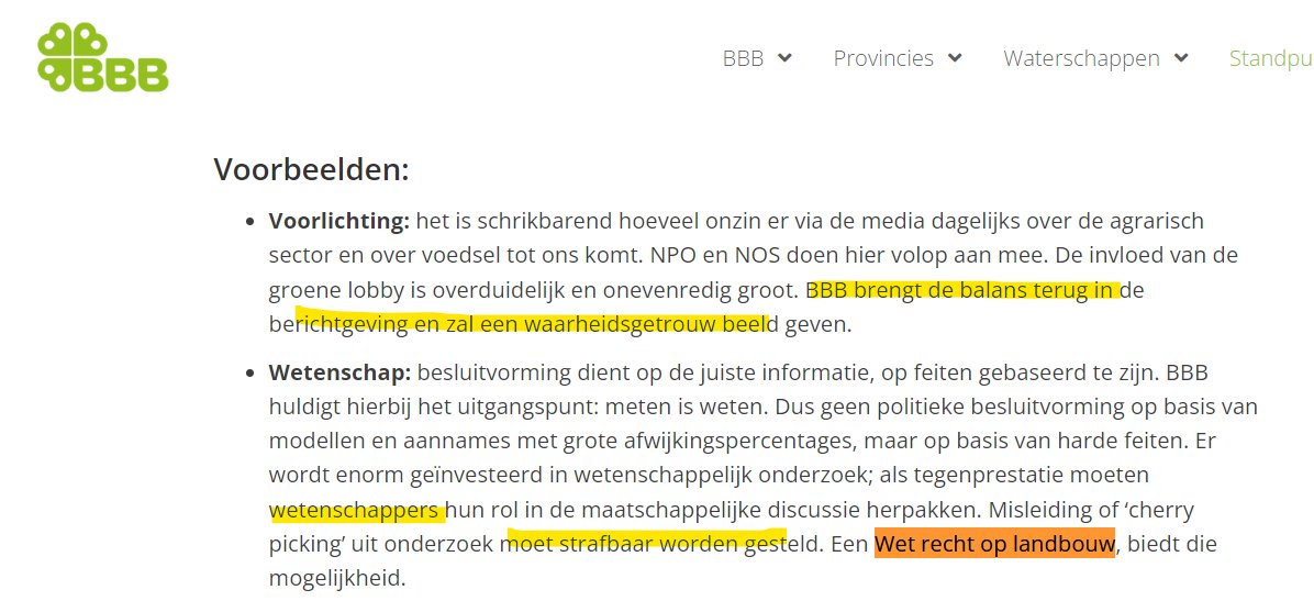PietLekkerkerk's tweet photo. @muumi_tweets @lientje1967 @BoerBurgerB @LientjeRetweets Het programma van BBB plaatst het recht van boeren boven de wet, om vervolgens op grond van die wet wetenschappers te vervolgen op grond van het 'bedreigen van het leven van boeren'. 
Dat zijn methodes die niet in een democratisch bestel thuishoren. https://t.co/sad8qkFWBO