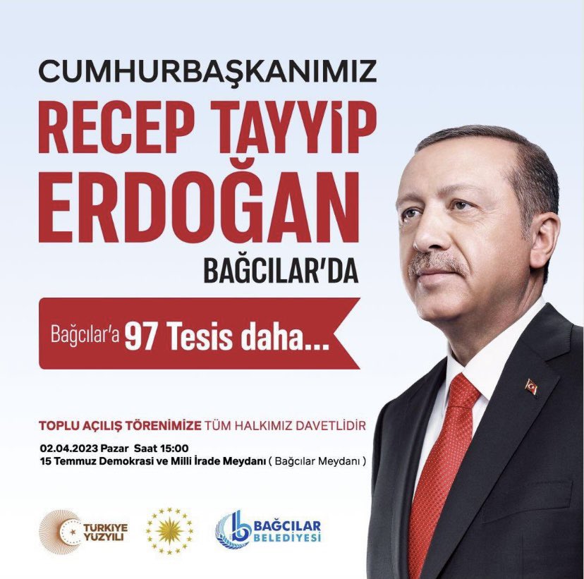 Eser siyaseti, Bağcılar'da hız kesmeden devam ediyor!

9️⃣7️⃣ tesisimizin toplu açılış töreni, Cumhurbaşkanımız Sayın <a href="/RTErdogan/">Recep Tayyip Erdoğan</a>’ın teşrifleriyle gerçekleşiyor.

Tüm vatandaşlarımızı bekliyoruz.

📆 2 Nisan Pazar
⏱️ 15.00
📍 Bağcılar Meydanı

#SeninleOlduSensizOlmaz