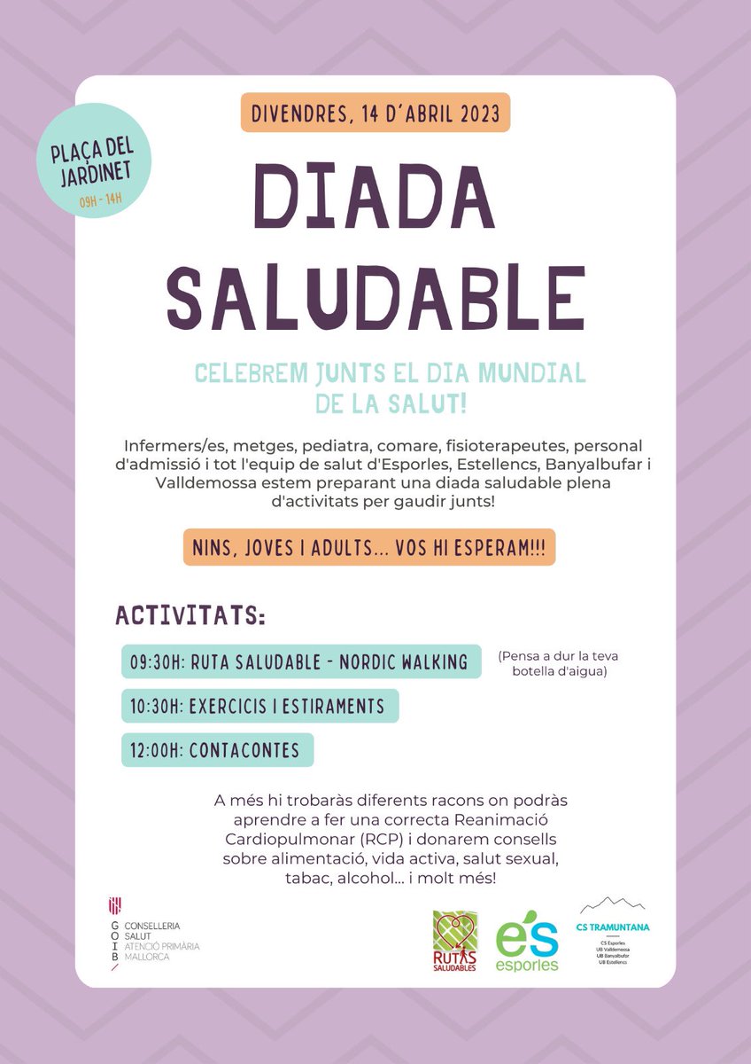 El dia 14 d’Abril celebrarem el #DiaAtencióPrimària i el #diamundialdelasalut , vina a celebrar-ho amb nosaltres!!! 🍌🍎🚶🏻‍♀️<a href="/apmallorca/">Gerència d'Atenció Primària de Mallorca</a> #APalteucostat #DiaAtencionPrimaria #primariadeprimera Tota la informació aqui 👇🏻⬇️⏬