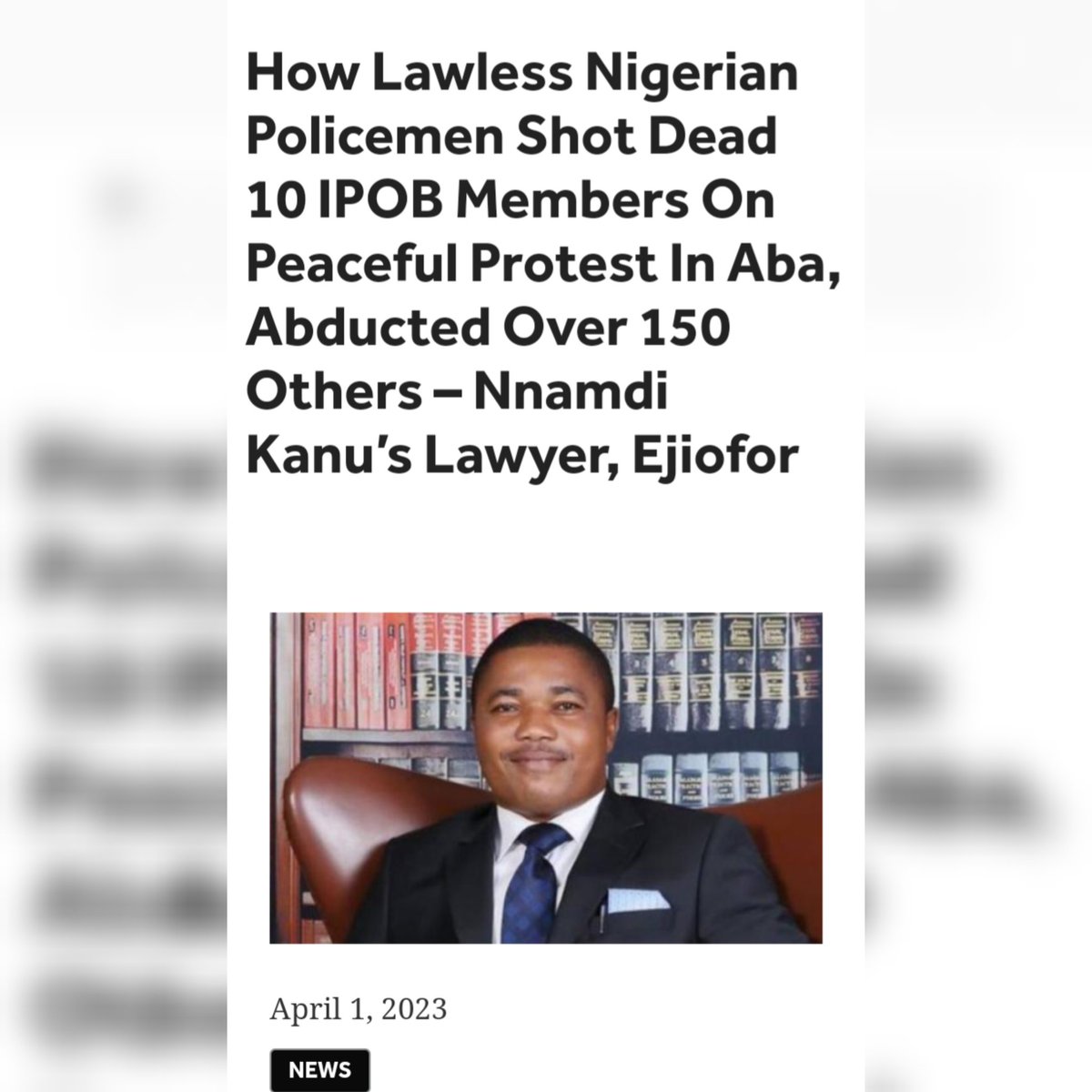 EjioforBar's tweet photo. How Lawless Nigerian Policemen Shot Dead 10 IPOB Members On Peaceful Protest In Aba, Abducted Over 150 Others – Nnamdi Kanu’s Lawyer, Ejiofor

https://t.co/EjG7Dx9Eeu https://t.co/7rA8jM18B1