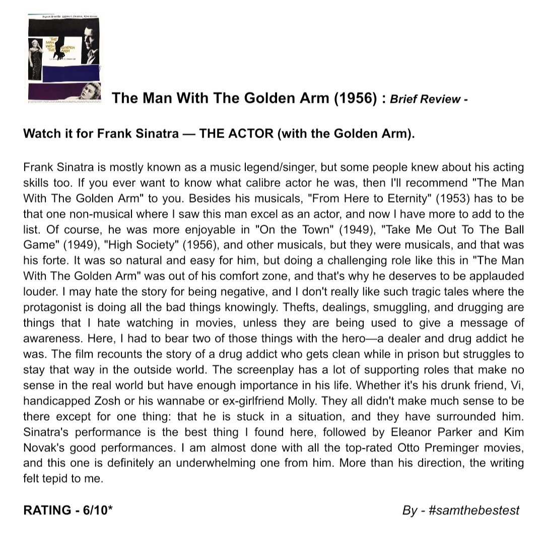 SAMTHEBESTEST_'s tweet photo. Watched #TheManWithTheGoldenArm (1956) :
Watch it for Frank Sinatra — THE ACTOR (with the Golden Arm).
RATING - 6/10*
#ottopreminger #franksinatra #kimnovak #eleanorparker #arnoldstang #darrenmcgavin #johnconte #robertstrauss #doromerande #moviereview #filmreview #oldhollywood https://t.co/qyOxmZVcer