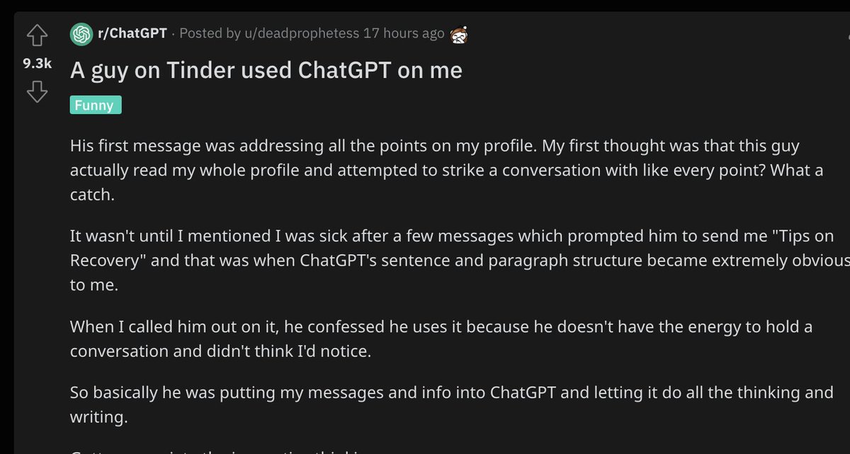 TheAIVibes's tweet photo. A guy on Tinder used ChatGPT on me https://t.co/IWMHe0lzZy