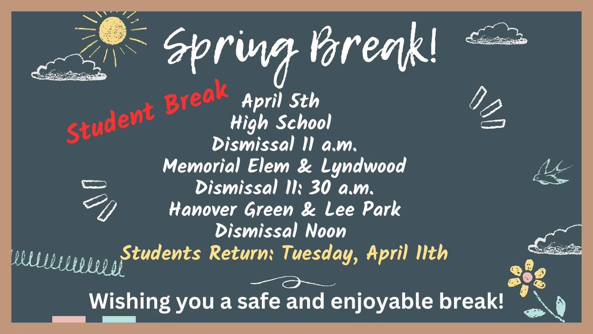 WeareHanoverASD's tweet photo. Reminder:
Spring break begins this week! 
Monday - Full Day 
Tuesday - Full Day
Wednesday - Half Day 
No school - Thursday, Friday or Monday 💪💙
#EasterBunny #SpringBreak #FamilyPlanning #HappyEaster #EveryBunnyEnjoyThemselves https://t.co/xbasTBQnpE
