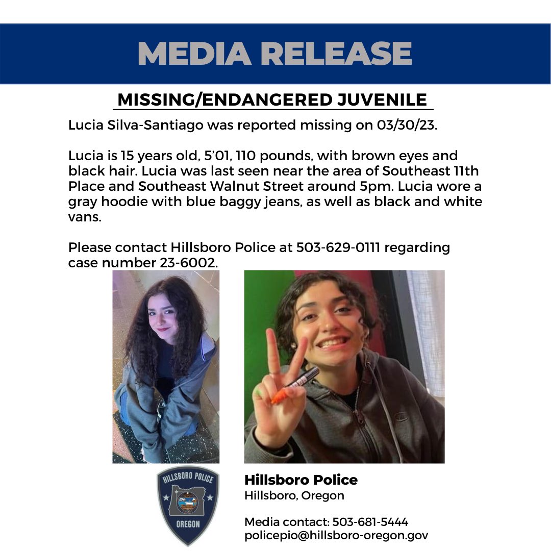 HillsboroPolice's tweet photo. MEDIA RELEASE | MISSING JUVENILE 

Please  contact us at (503) 629-0111 regarding Case Number 23-6002 if you have any information. https://t.co/xfy5W1Zeb2