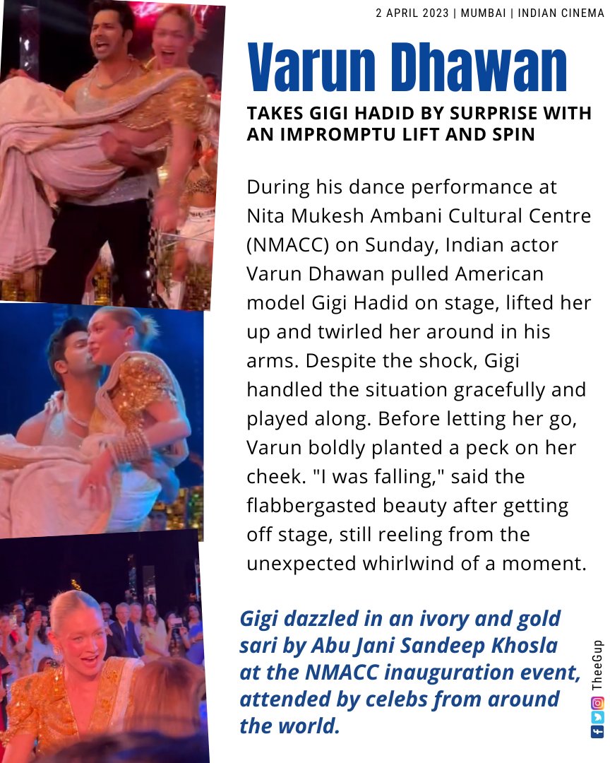 TheeGup's tweet photo. Varun Dhawan takes Gigi Hadid by surprise with an impromptu lift and spin

Watch the video here: https://t.co/LfC3RGlnFC

#VarunDhawan #GigiHadid #AbuJaniSandeepKhosla #Gossip #Hollywood #Gup https://t.co/387PBsI8Fj