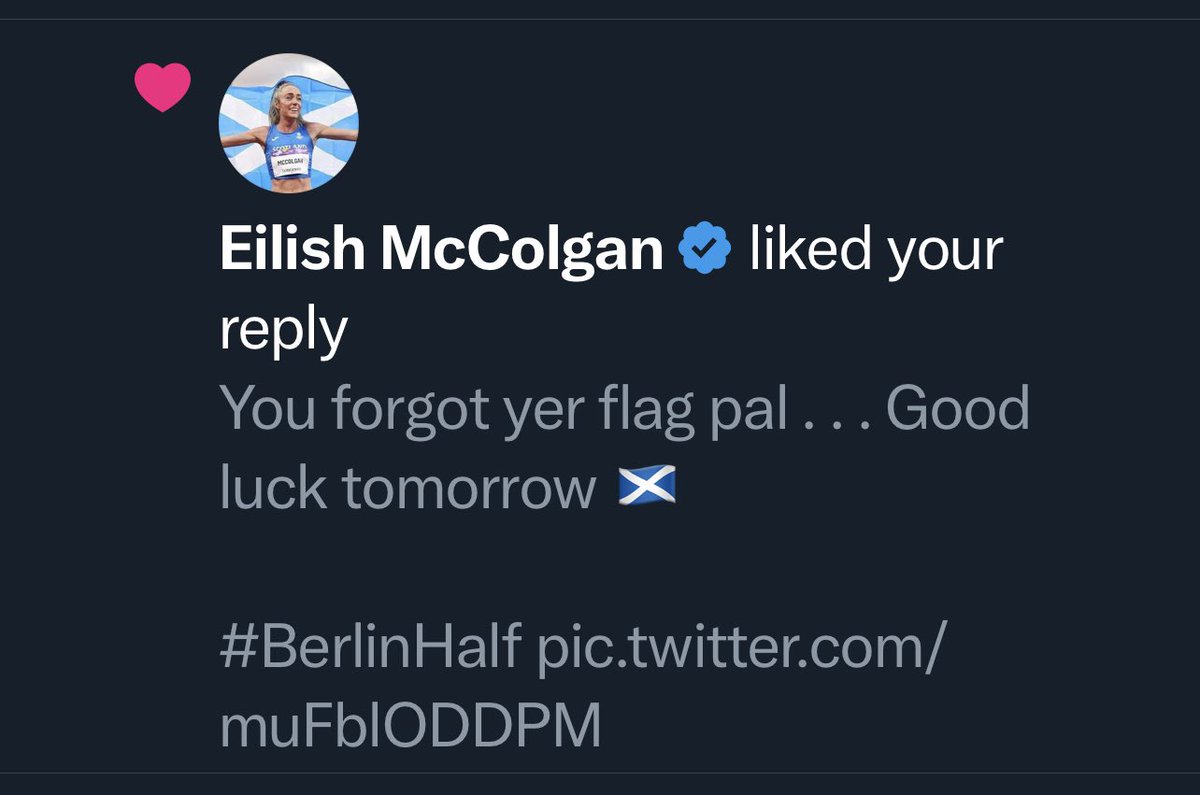 WindyWilson88's tweet photo. Whoop. Whoop . . . I got a like from @EilishMccolgan. Not as good as @yhrfpod who actually got to talk to her 

#BerlinHalf at 9:05 BST on @YouTube 

Maybe I’ll see her at @LondonMarathon in April 

#FlyingScot https://t.co/2LfdYpI0MY