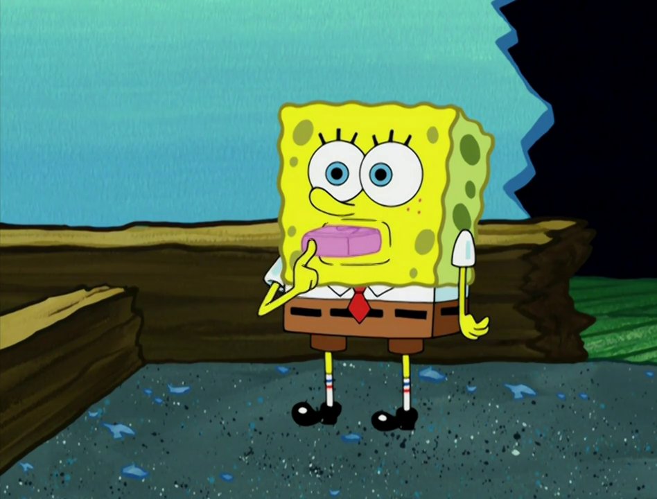 spongebob with a sad!!! expression slouching on a