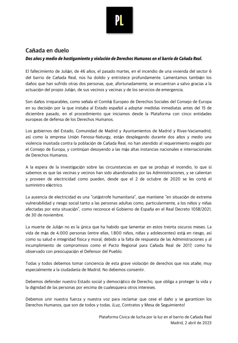 plataformaluzcr's tweet photo. 🗣️Hoy se cumplen 2 años y medio de hostigamiento y violación de Derechos Humanos en el barrio de Cañada Real, Madrid.

Abrimos hilo/comunicado 🧶⬇️

#Cañadaenduelo
#DerechosParaCañada
#TodasLasVidasImportan https://t.co/0AfIHDIBn0