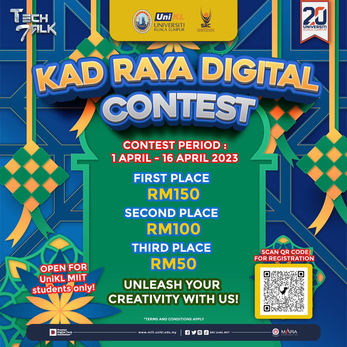 SRCUniKLMIIT's tweet photo. Eid al-Fitr is just around the corner and what better way to celebrate than with our Kad Raya Digital contest? 🌙📲 Create your own unique design and submit it through the link provided in Google Form for a chance to win cash prize. Terms and conditions apply. Good luck! https://t.co/8a9uhyAVx5