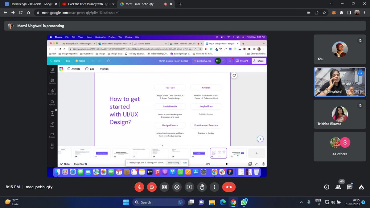 hack4bengal's tweet photo. Did you attend our "Hack the User Journey with UI/UX" event with Manvi Singhwal on 31/03/23?
If not, don't worry we have got your back! 🙌
Here's an overview of the event 👇

✅ What is UI/UX?
✅ Use of UI/UX in a Hackathon.
✅ Visual Design
✅ Inclusive Design
✅ Career in UI/UX https://t.co/ruZxjPWBMT