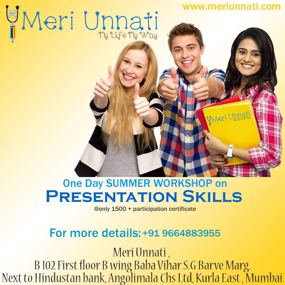 MeriUnnati's tweet photo. One Day #SUMMER #WORKSHOP on #PRESENTATION #SKILLS
@Only 1500 + Participation Certificate.

Registration is going on...

For more details contact us on +91 9664883955

#counselling #meriunnati #SayNotoFreekiAdvice
#presentationskills #summerworkshop #education #skilled
#student https://t.co/Uw8oHiTcX5