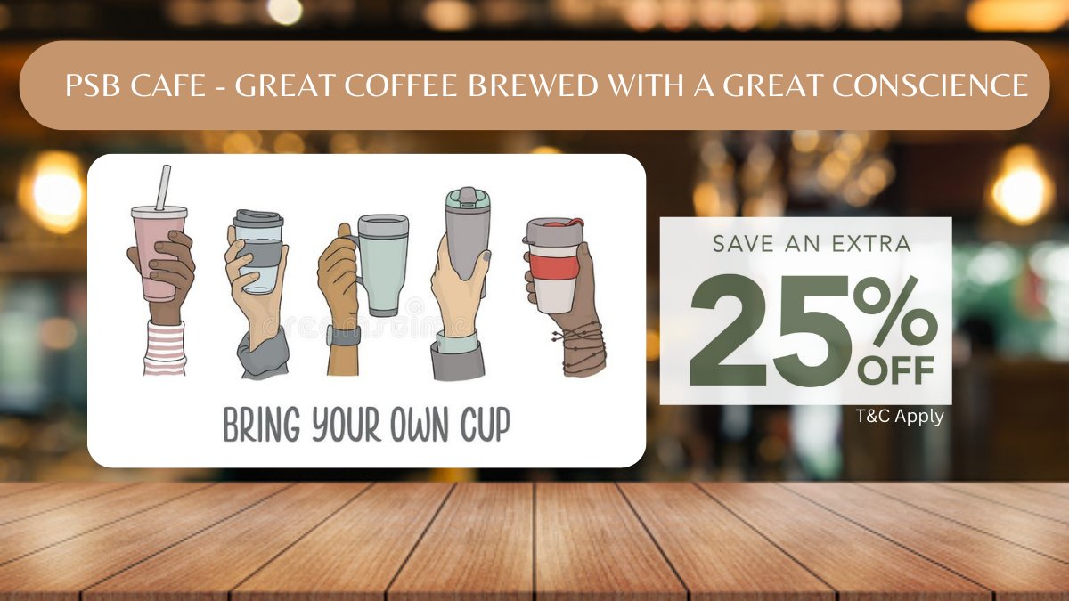 PSB3Digital's tweet photo. Switch to sustainable sipping and save! Bring your own cup to PSB cafe & get 25% off your drink ☕️♻️
So next time you visit PSB, don't forget your reusable cup! ♻️
Learn more about our sustainability efforts and menu at https://t.co/r18XYvDPmZ
#BYOCup #Sustainability #PSBCafe https://t.co/QH8qpD1cn4