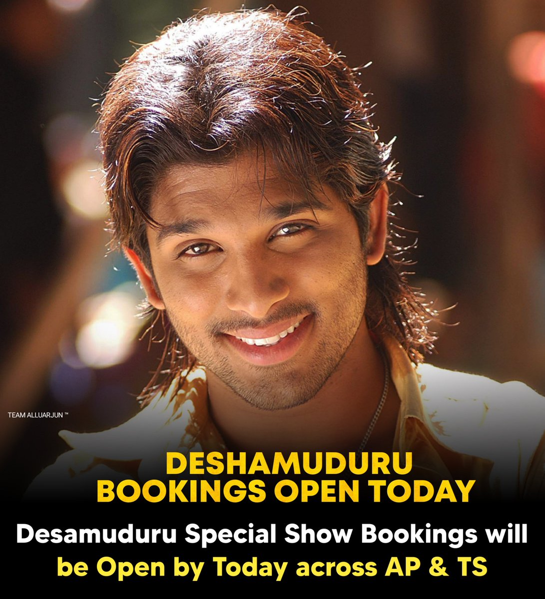 Team_AlluArjun_'s tweet photo. Desamuduru Special Show Bookings will be Open by Today across AP &amp; TS🔥

Stay Active
&amp;
Grab your Tickes

#Deshamuduru4kSpecialShows 
#AlluArjun #PushpaTheRule https://t.co/QaCgZjbHfO
