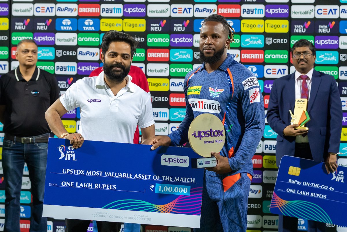 upstox's tweet photo. #Mayers scored some major greens because of his performance against #DC. He was definitely the Upstox #MostValuableAsset player of the match for #LSGvDC last night! #TATAIPL #Upstox #InvestRight https://t.co/dNMVIBbUXP