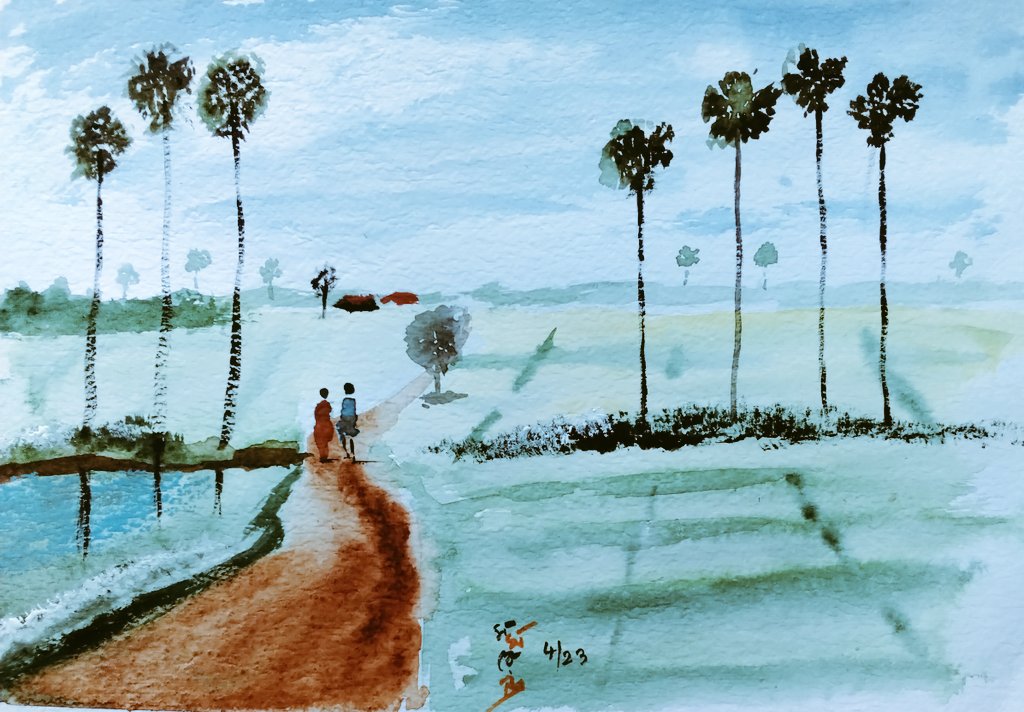 samaranand's tweet photo. A landscape of Rural Bengal #landscape #ruralbengal #Watercolourpainting #Watercolour #watercolor #snroy #samarendra https://t.co/5PJpCHemkL