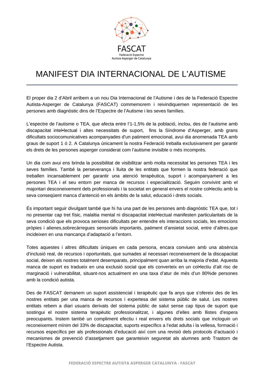 aspercamp's tweet photo. La S.Asperger és considerada T.Espectre Autista i un dia com avui brinda oportunitat de seguir reivindicant manca de drets i suports a més de visibilitat. Adjuntem el manifest el·laborat amb  #fascat, les nostres activitats i entrevista a @paulamorh 
https://t.co/nwrDrKmCx5 https://t.co/kOSUXyqKzb