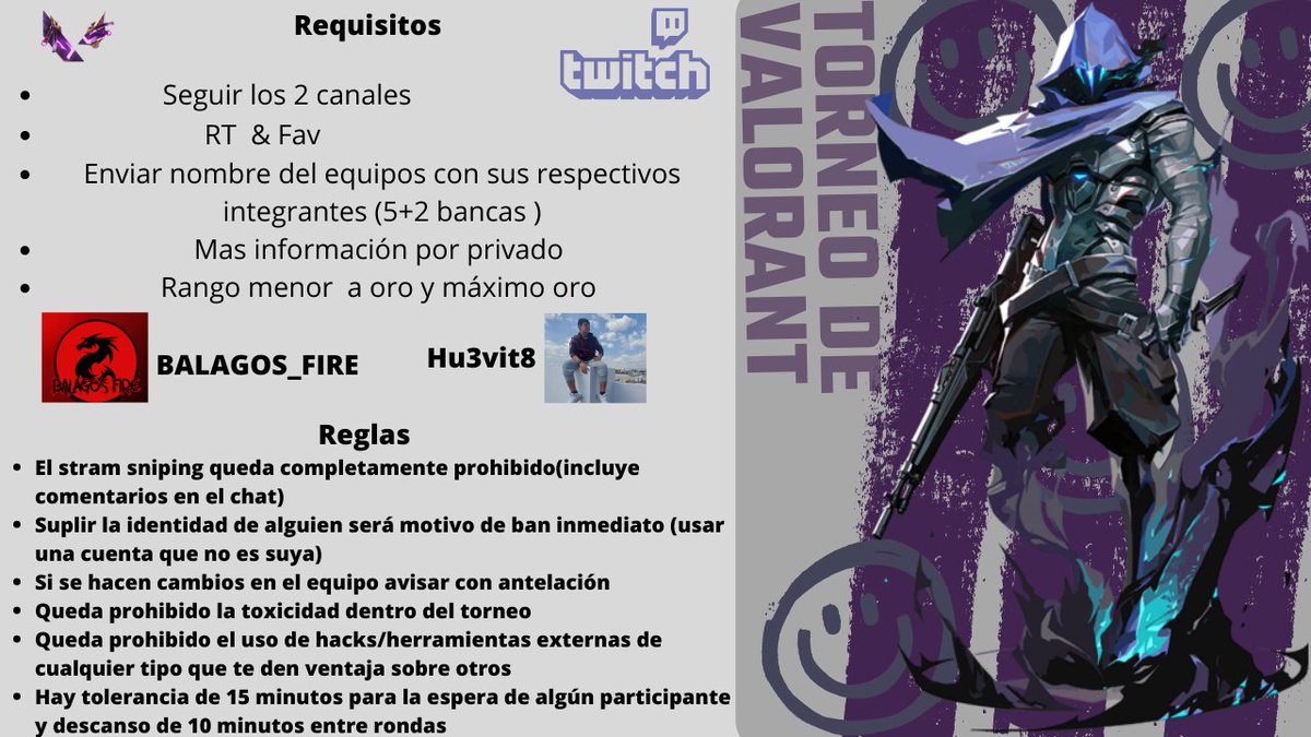 hu3vit8's tweet photo. Hola que tal amigos Mi compañero @BalagosFire y su servidor @hu3vit8 los queremos invitar a nuestro primer torneo de #VALORANT #TwitchStreamers 
Les agradecería mucho si nos regalan su RT y su 💙 para que más personas se enteren del torneo 
●Alguna duda pueden mandar DM https://t.co/qh3hPuttNj