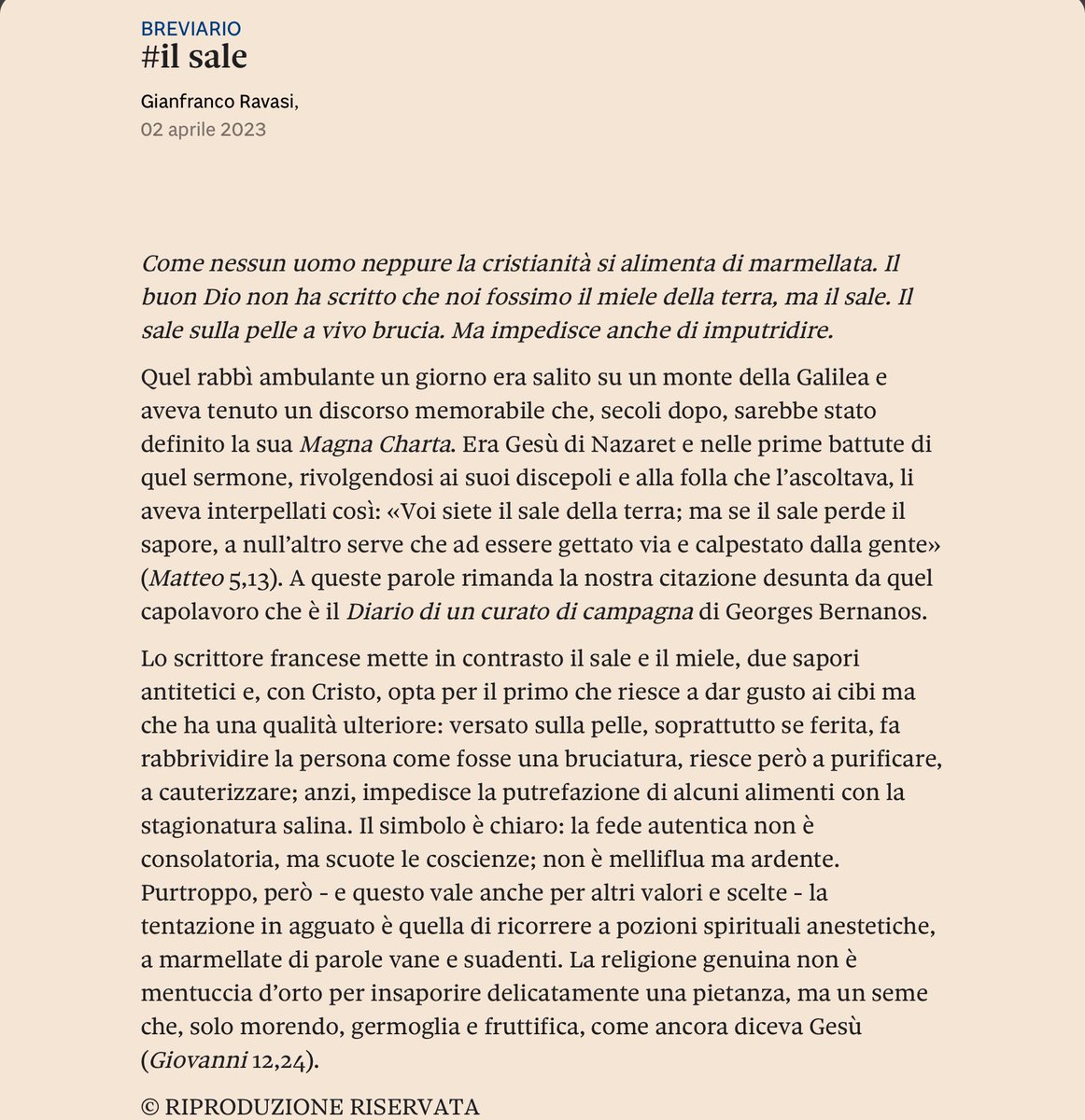EmanuelaMorell1's tweet photo. Come nessun uomo neppure la cristianità si alimenta di marmellata.#GeorgesBernanos
Card #Ravasi
#Breviario
#domenicale
#sole24ore
#scritturebrevi
#VentagliDiParole
#2Aprile2023
#ilSale https://t.co/vYEgMNqvea