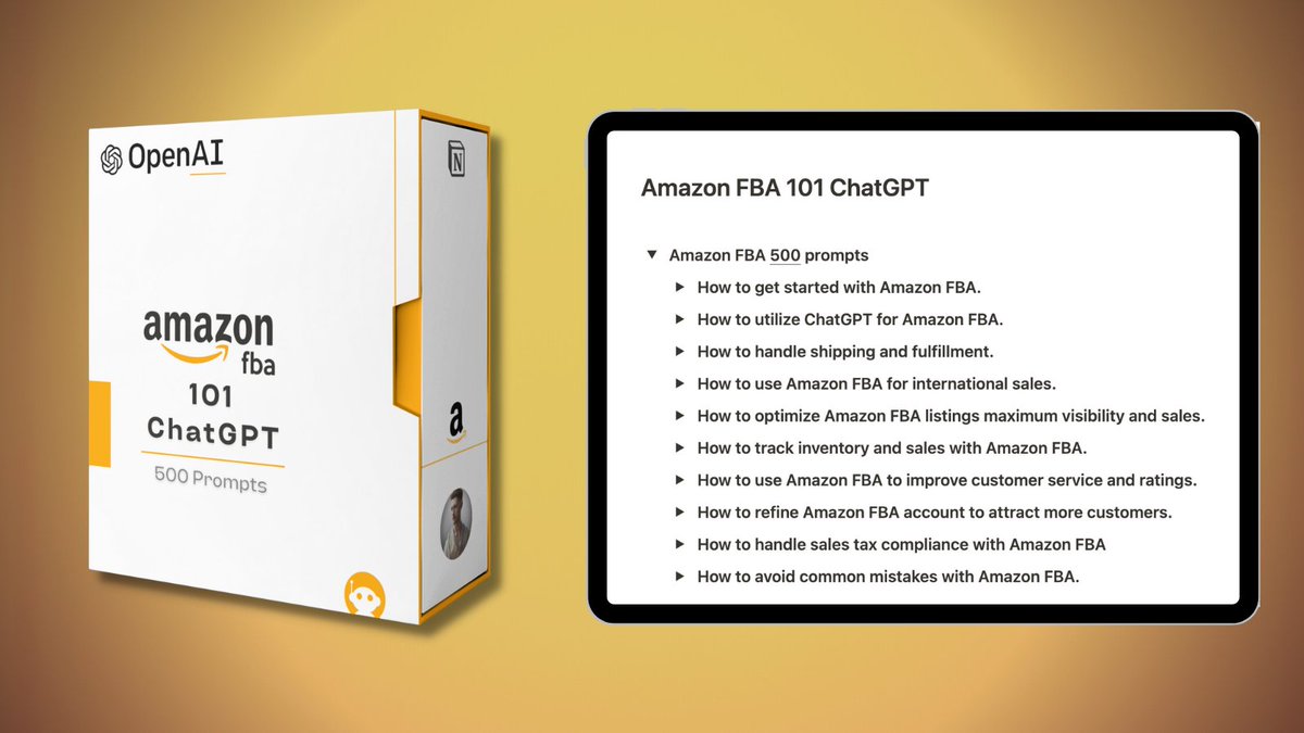 reachvaldo's tweet image. Just admit it, you think Amazon FBA is hard.

ChatGPT don't.

That's why I built 500 prompts to help entrepreneurs sell profitable products.

And for the next 24 hours, it's FREE!

Like &amp;amp; Reply below with a "🔥"  and I'll DM you the bundle.

(Must be following so I can DM you)