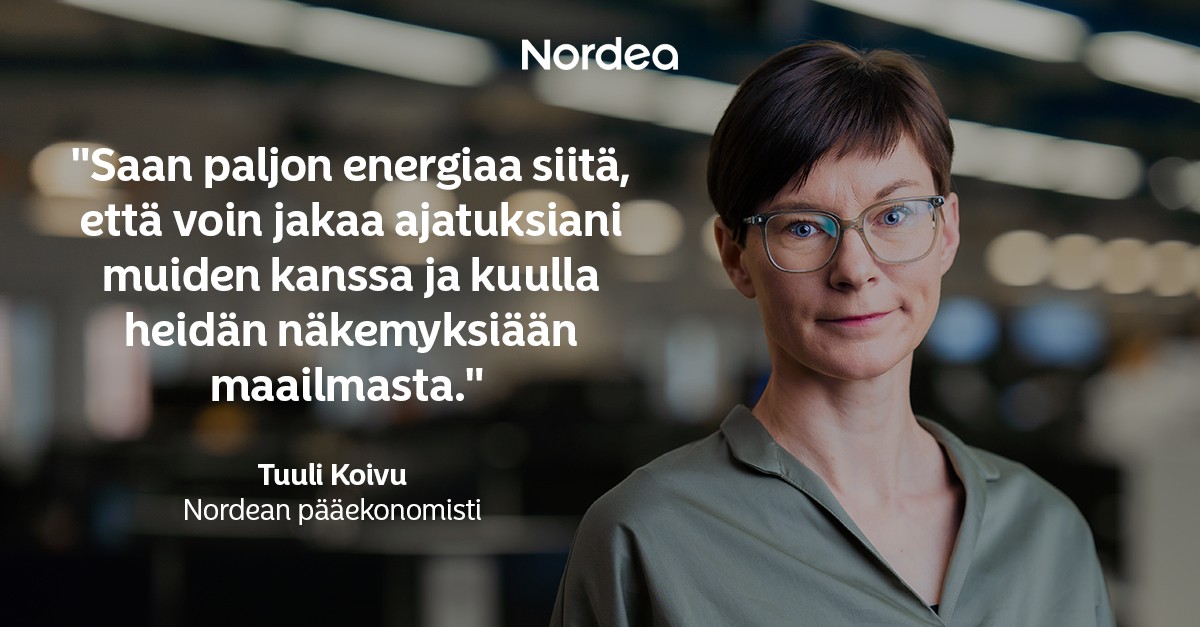 Ilo olla töissä yrityksessä, jossa on upeita tekijöitä. <a href="/KoivuTuuli/">Tuuli Koivu</a> oli nuoruudessaan suunnistaja, joka haaveili urasta urheilutoimittajana. Hän seuraa työssään maailmantalouden kehitystä. Erityisesti Kiinan tulevaisuuden suuntaa. Tuulin tarina: ms.spr.ly/6018gEHNm #myNordea