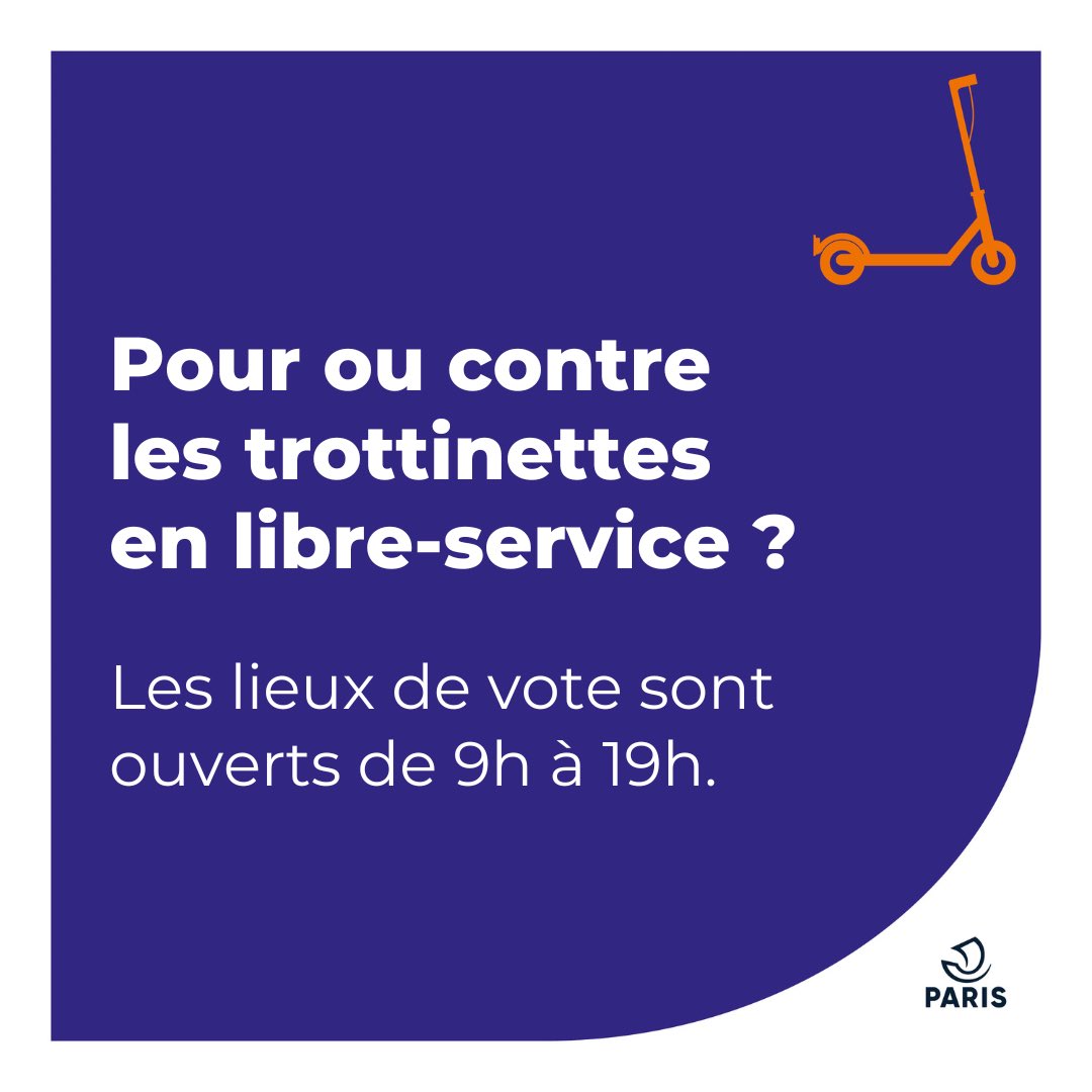 Ce dimanche, la Ville de Paris sollicite l’avis des Parisiennes et des Parisiens sur l’avenir des trottinettes en libre-service.

➡ Tous les lieux de vote : paris.fr/pages/pour-ou-…
