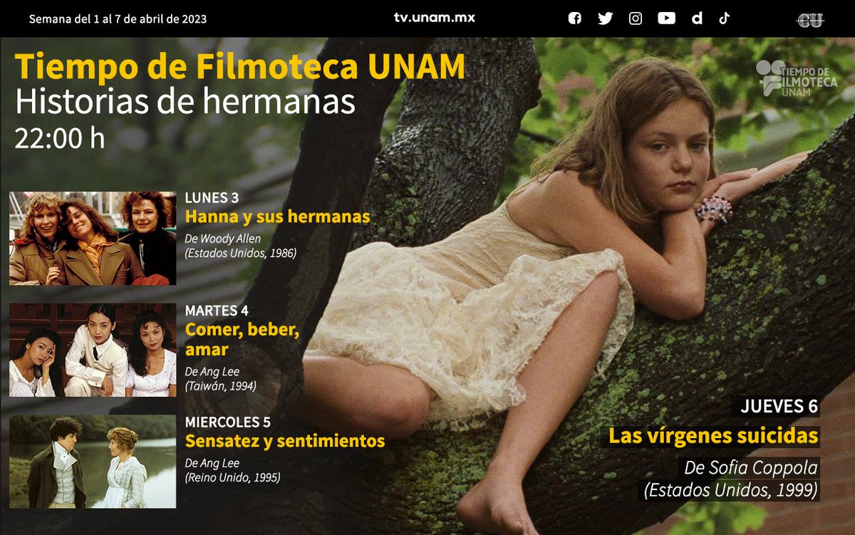 Amor, desamor, rebeldía, adversidad, ambición y muerte en nuestro ciclo #HistoriasdeHermanas:

🎥 «Hannah y sus hermanas»
🎥 «Comer, beber, amar»
🎥 «Sensatez y sentimientos»
🎥 «Las vírgenes suicidas»

📺 Lunes 3 al jueves 6 de abril, 22:00 h.