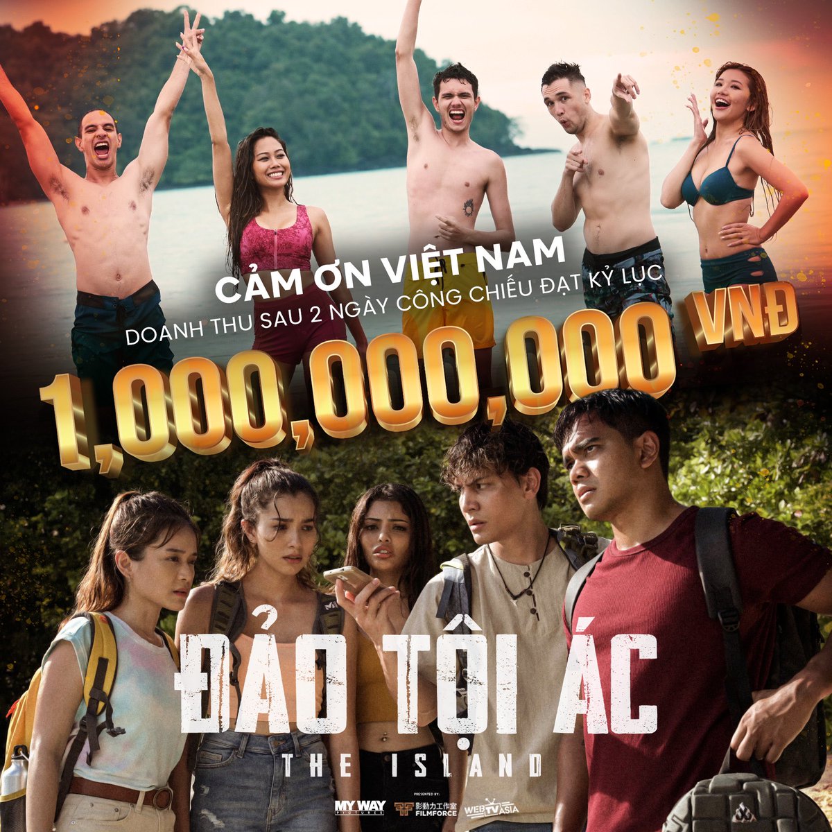 pulaumovie's tweet photo. Đảo Tội Ác (The Island) just broke 1 Billion Dong with more than 10,000 tickets sold in 2 days time! And guess what!!!? It's Top 4 Film in Vietnam Box Office! 🥳🎉 

Suỵt 🤫, đoán xem ai sẽ ra đi, ai sẽ ở lại?

#ĐảoTộiÁc #aiđiaiở #PulauMovie #TheIsland https://t.co/hy8Dnf6He0
