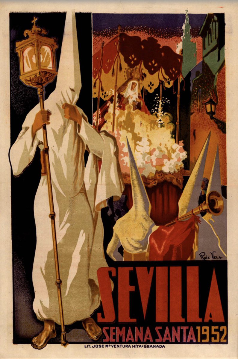 Hoy, Domingo de Ramos, os mostramos estos curiosos y coloridos carteles de la Semana Santa sevillana. Son de mediados del siglo XX y forman parte de nuestras colecciones gráficas.