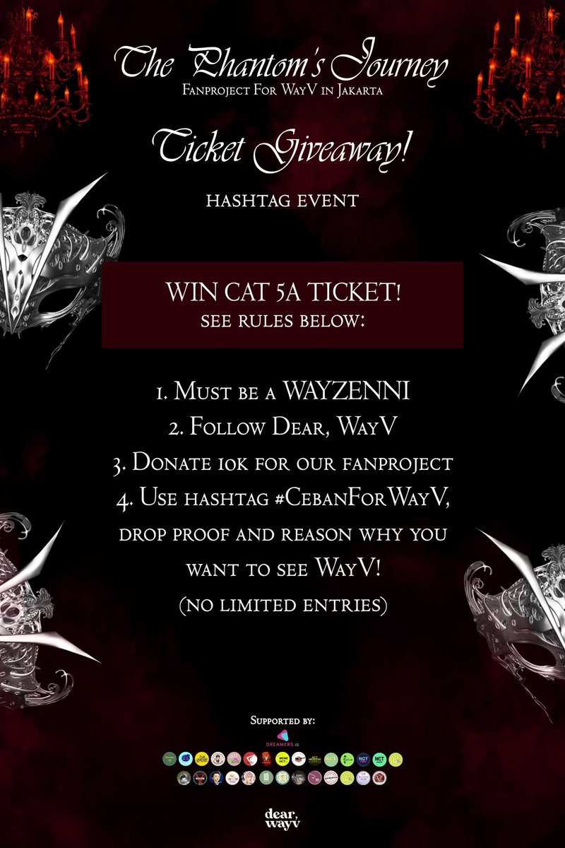dearwayvid's tweet photo. 𝐖𝐚𝐲𝐕 𝐢𝐧 𝐉𝐚𝐤𝐚𝐫𝐭𝐚:
𝗧𝗵𝗲 𝗣𝗵𝗮𝗻𝘁𝗼𝗺'𝘀 𝗝𝗼𝘂𝗿𝗻𝗲𝘆  

GIVEAWAY TICKET 5A FANMEETING WAYV!
WayZenNi yang mau nonton tapi belum punya tiket, yuk ikut #CebanForWayV &amp; lihat rulesnya di bawah. Jangan lupa watermark proofnya ya~
 
https://t.co/uIeJn0aPGO

♠️♥️♣️♦️ https://t.co/XEZjIFIep4