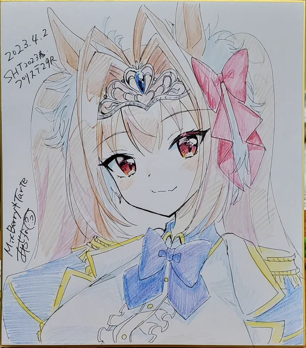 #プリステ29R お疲れさまでした。本日のすけぶ(スイープトウショウ&amp;マヤノトップガン)とアフター用色紙(ダイワスカーレット)と差し入れでもらった馬券プリステ29Rのウマ17スペースだったからね次はコミ1でイラスト本出せるようにがんばろー 