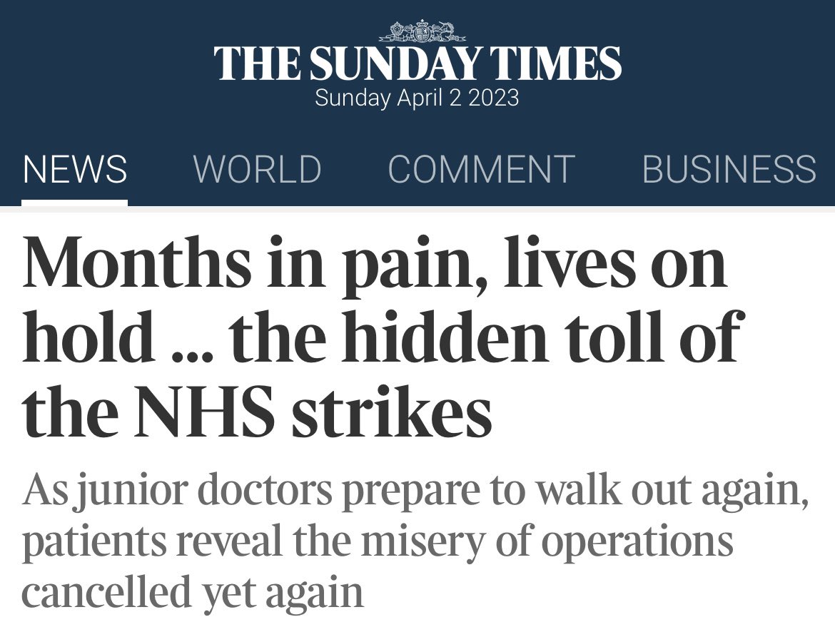 doctor_oxford's tweet photo. Remarkable spin from the Sunday Times.

What about the 361 days of the year when junior doctors are not striking yet patients die in corridors, outside hospitals, in misery - &amp; intolerable, avoidable harm is rife?

The NHS crisis is the government’s making. Staff are desperate. https://t.co/fOa3SWb1AE