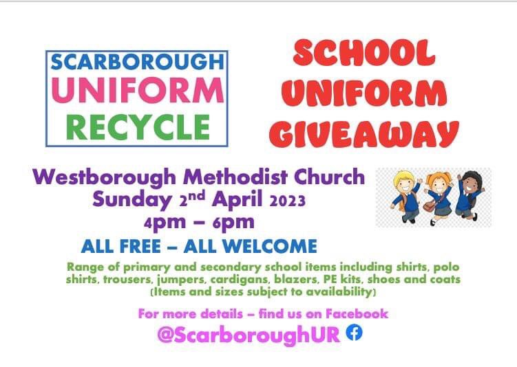 queenstmethodst's tweet image. *** Please Share ***

⏰TODAY’S THE DAY!💥

Join us from 4pm to 6pm at Westborough Methodist Church (side entrance). We have a large selection of school uniform (All items and sizes subject to availability). 

Everyone is welcome and all items are totally free of charge.