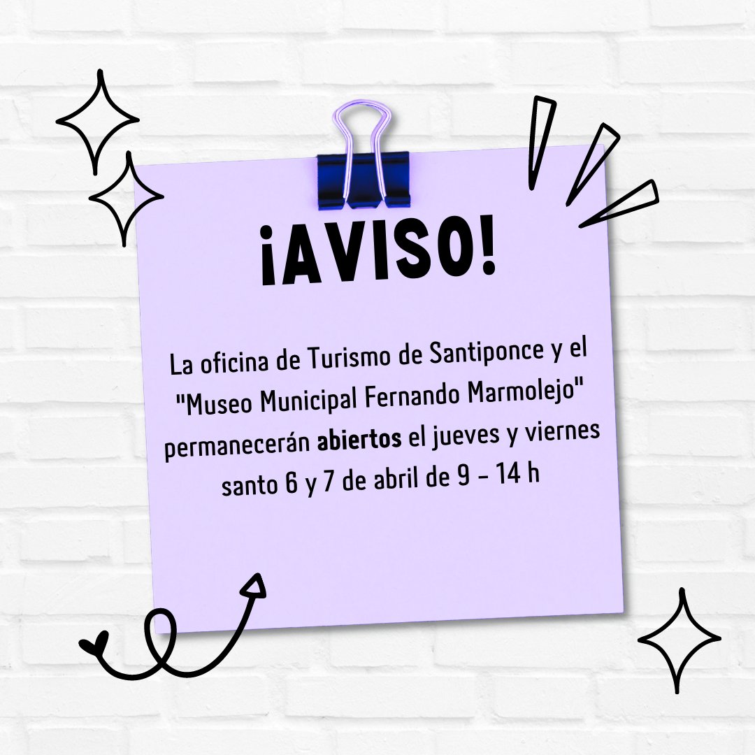 Turismo Santiponce (@infosantiponce) on Twitter photo Oficina de Turismo y Museo Municipal Fernando Marmolejo
Horario en Semana Santa:
Martes, miércoles, sábado y domingo de 8 a 15 h.
Jueves y viernes de 9 a 14 h
Lunes cerrado.
C/La Feria s/n.41970
Tel.: 955998028.
Email: infoturismosantiponce@gmail.com Oficina de Turismo y Museo Municipal Fernando Marmolejo
Horario en Semana Santa:
Martes, miércoles, sábado y domingo de 8 a 15 h.
Jueves y viernes de 9 a 14 h
Lunes cerrado.
C/La Feria s/n.41970
Tel.: 955998028.
Email: infoturismosantiponce@gmail.com